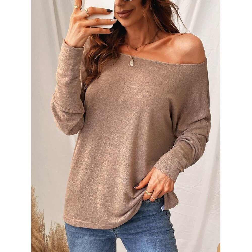 Women Long Sleeve Off Shoulder Knit Top Casual Loose Fit Solid Blouse - Picture 5 of 5